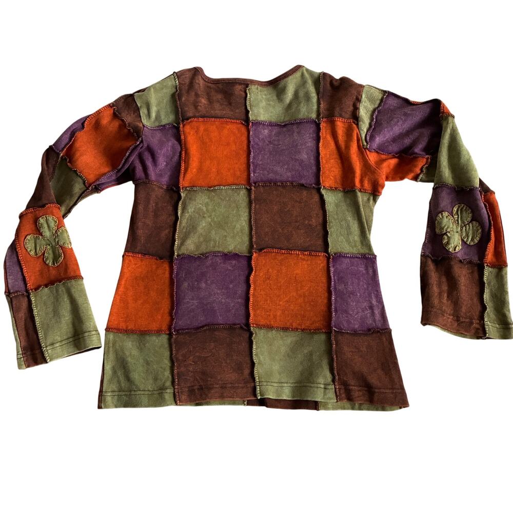 Vintage Boho Patchwork Shirt Womens Large Colorful Long Sleeve 100% Cotton - Picture 2 of 9